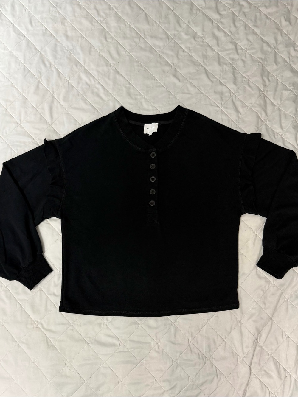 Sundays Black Long-Sleeve Button Henley with Ruffle Detail